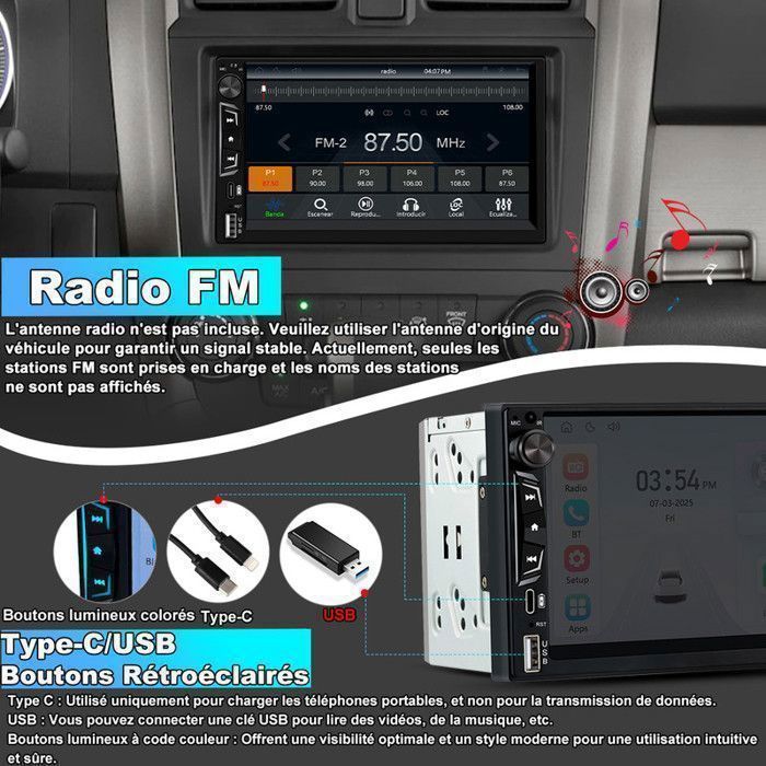 Autorradio AWESAFE 2 Din con CarPlay, Android Auto, conexión inalámbrica, pantalla táctil IPS de 7 pulgadas, Bluetooth, GPS, puerto USB tipo C, USB, entrada auxiliar y cámara de visión trasera.