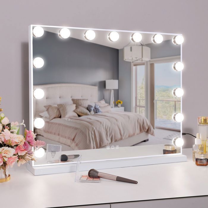 Espejo de maquillaje FENCHILIN Hollywood con 15 luces LED / Tres luces ajustables / Puerto de carga USB / Aumento de 10x / Blanco 58 x 46 cm