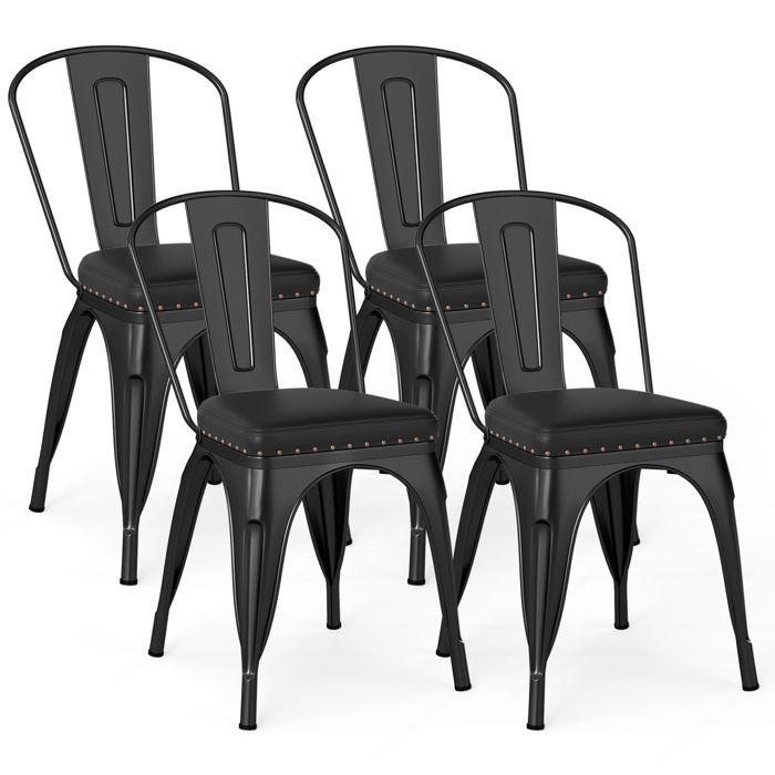 Lot 4 Chaises à Manger Empilables en Métal - COSTWAY - Dossier Amovible - Assise Rembourrée en Cuir Faux - 53 x 44 x 84 cm Noir