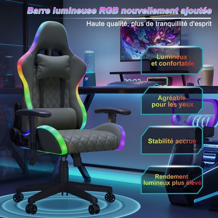 Silla gaming con iluminación LED RGB, LUMINARIX, silla con masaje lumbar y reposacabezas, respaldo ajustable, silla de oficina ergonómica, negra