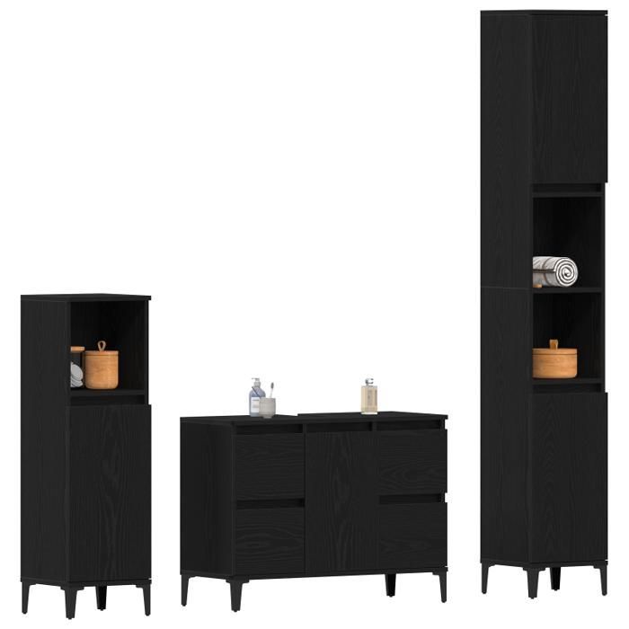 Badkamermeubelset - 3-delig - Zwart eikenhout - Samengesteld hout - Matte afwerking