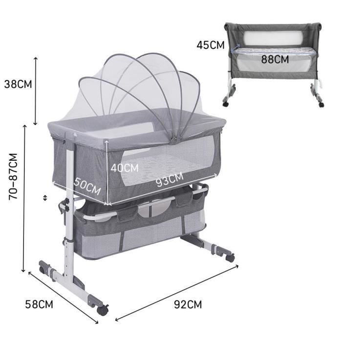 Culla MENGDA per neonati, ideale per il co-sleeping, con materasso e zanzariera, dotata di ruote e altezza regolabile da 70 a 87 cm - Grigio