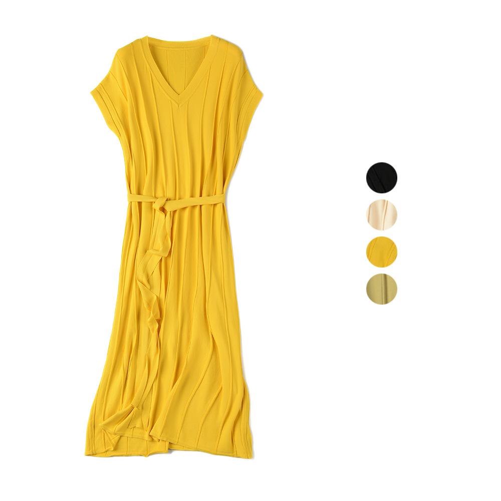Robe trapèze à col en V en lurex, manches courtes, en maille élastique, robe basique à col en V, robe d'été à bretelles