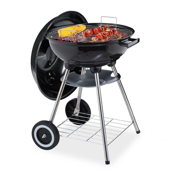 Relaxdays Barbecue en boule, supports et réceptacle à cendres, mobile, jardin et camping, charbon de bois, noir, 40 cm