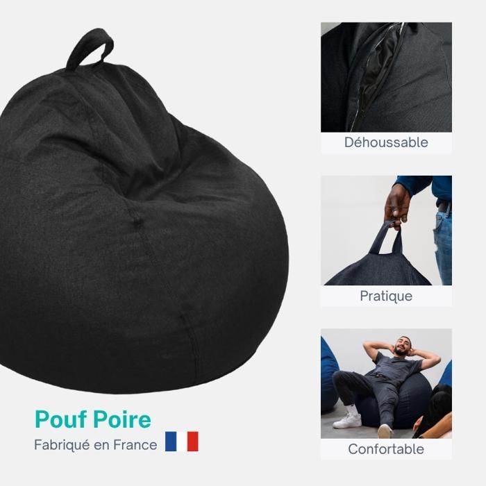 Pouf poire déhoussable noir  80 x 70 cm - Fauteuil, Canapé, Coussin de Sol, Pouf d'intérieur - Rempli de Mousse - Bananair