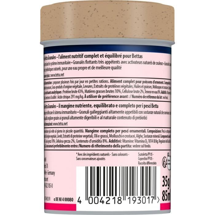 Tetra Betta Granulés - TETRA - Aliment complet pour poisson Combattant, Betta splendens - 85 ml