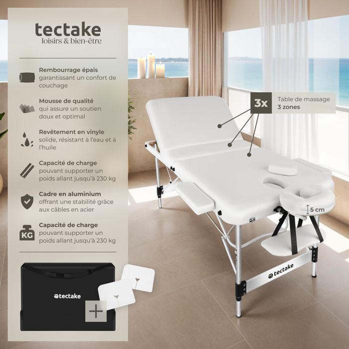 Camilla de masaje - TECTAKE - Camilla de tratamiento plegable con 3 secciones regulables en altura, 212 x 108 x 90 cm - Blanca