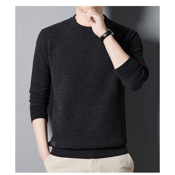 Suéter para hombre, suéter de punto cálido de manga larga para hombre con forro polar, suéter básico casual de cuello redondo ajustado - Negro