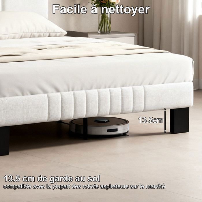 Cadre de Lit Double Réglable 140x190 cm,Tête de Lit Ren Lin, Double Support en Métal et Bois, Beige