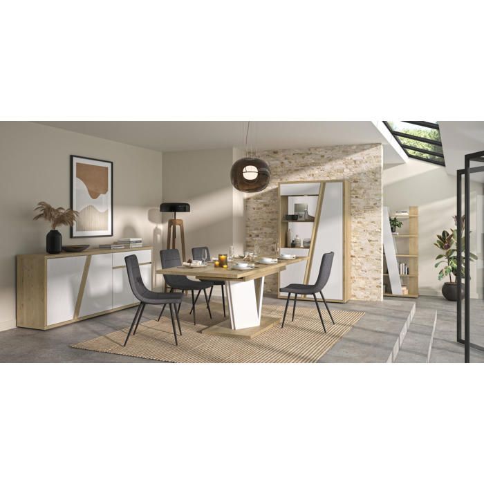 Sideboard mit zwei Türen in Hochglanzweiß mit Eichenholzoptik, elegantes Design