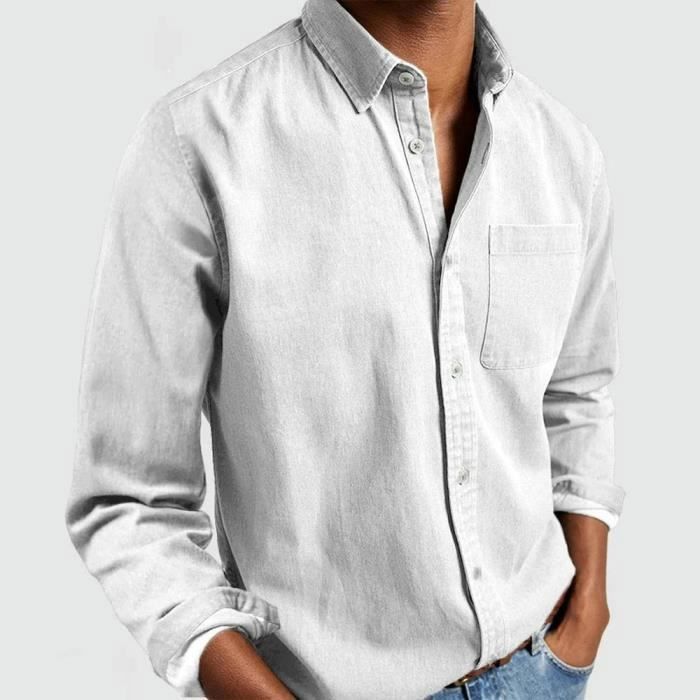Men's Long Sleeve Regular Fit Shirt with Pocket, Casual Plus Size Shirt, Solid Color - EU Size - White