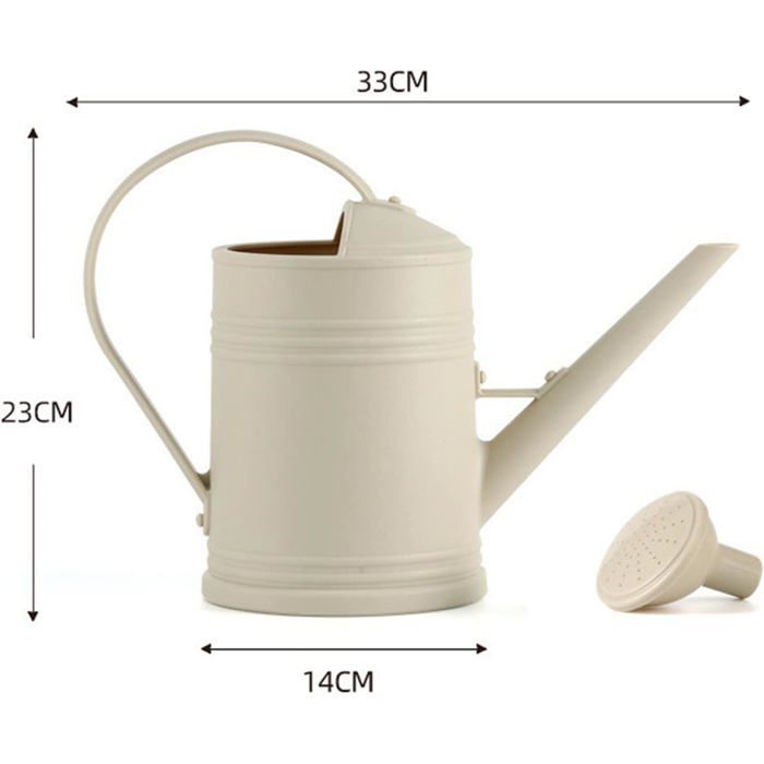 Regadera de 2 litros para plantas de interior - plástico beige con boquilla pulverizadora ergonómica y extraíble.