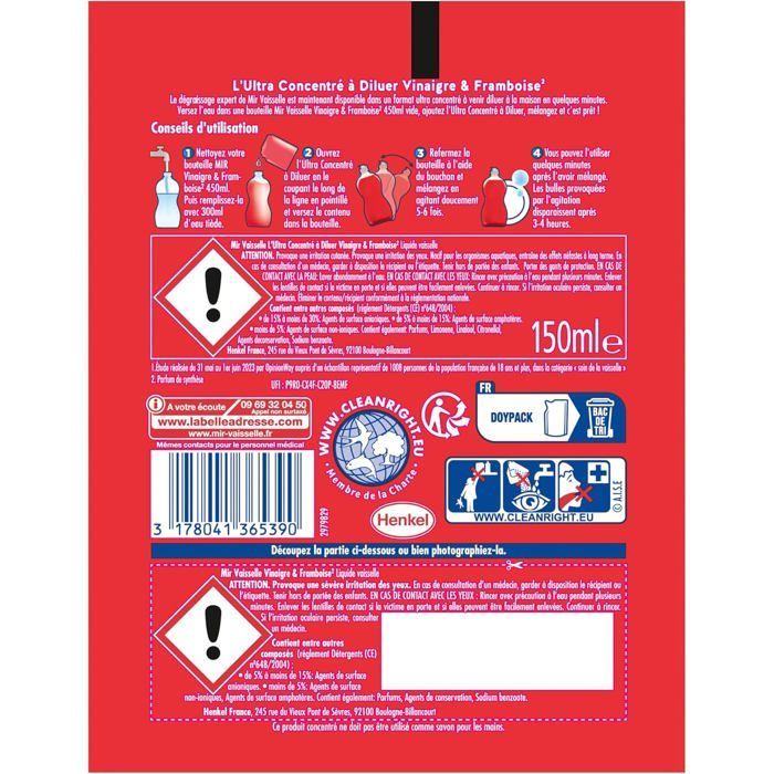 Liquide Vaisselle - Mir - Ultra Concentré - Vinaigre & Framboise - Dégraissage Expert - 150ml