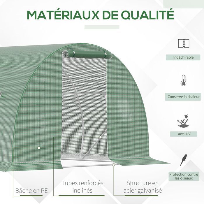 Outsunny tunnelväxthus - 13,5 m² - 6 fönster med blixtlåsdörr - galvaniserad stålram, PE-överdrag - 4,5 x 3 x 2 m grön