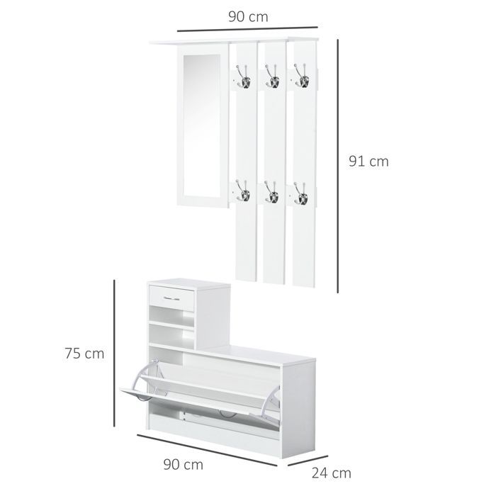 HOMCOM - Shoe cabinet - Wood - 90x22x116cm - White