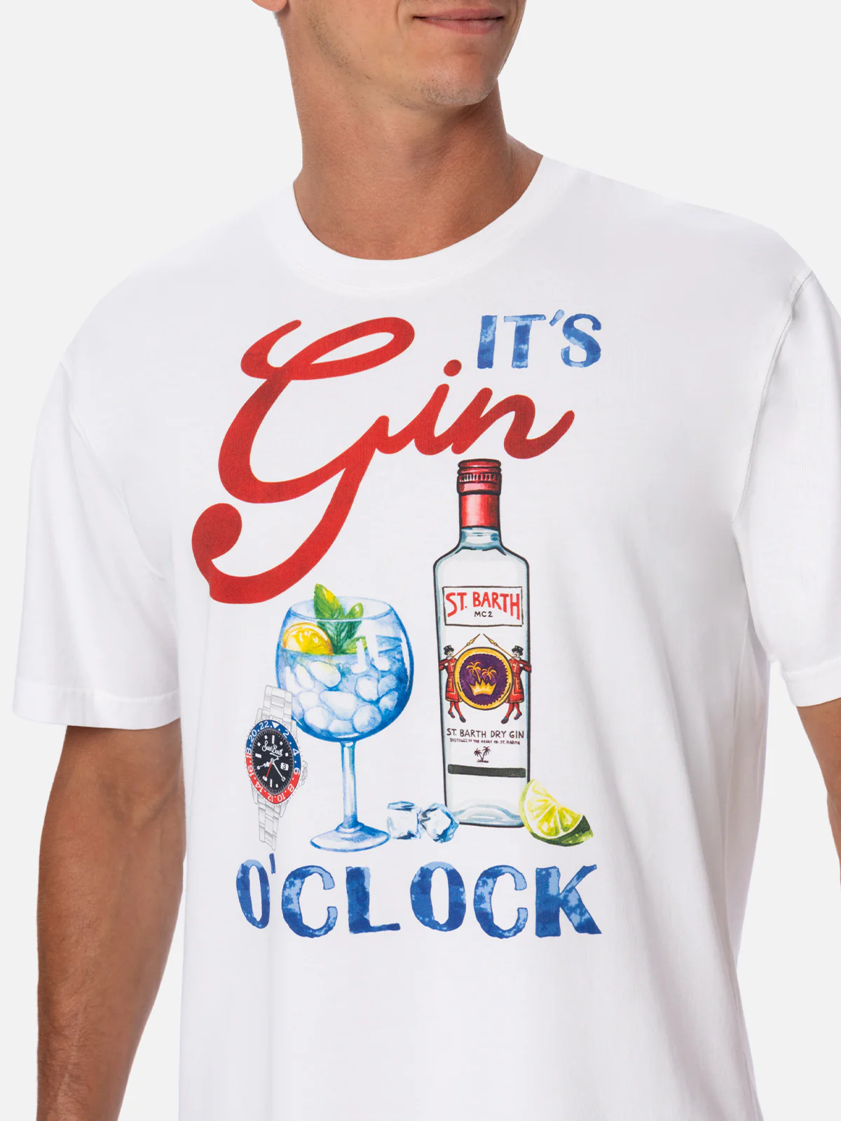 Men's Cotton T-Shirt with 'It's Gin O'Clock' Print, White, Piece-Dyed, Crewneck, Short Sleeves, Logo Embroidery – 100% Cotton | MC2 Saint Barth