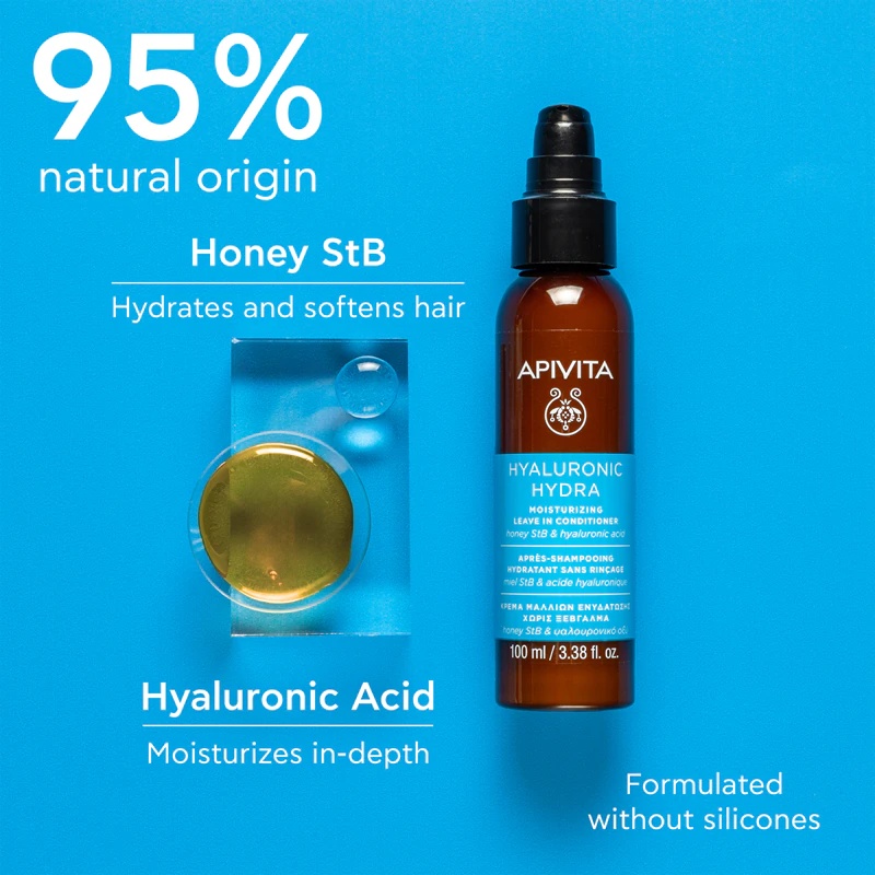 Apivita Hyaluronic Hydra Leave-In Conditioner je balzam brez izpiranja z vlažilnim učinkom.