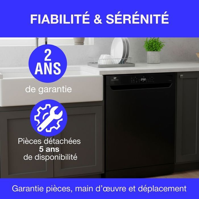 Lave-vaisselle pose libre CONTINENTAL EDISON - 15 couverts - Largeur 59,8 cm - Classe D - moteur induction - 39 dB - Noir