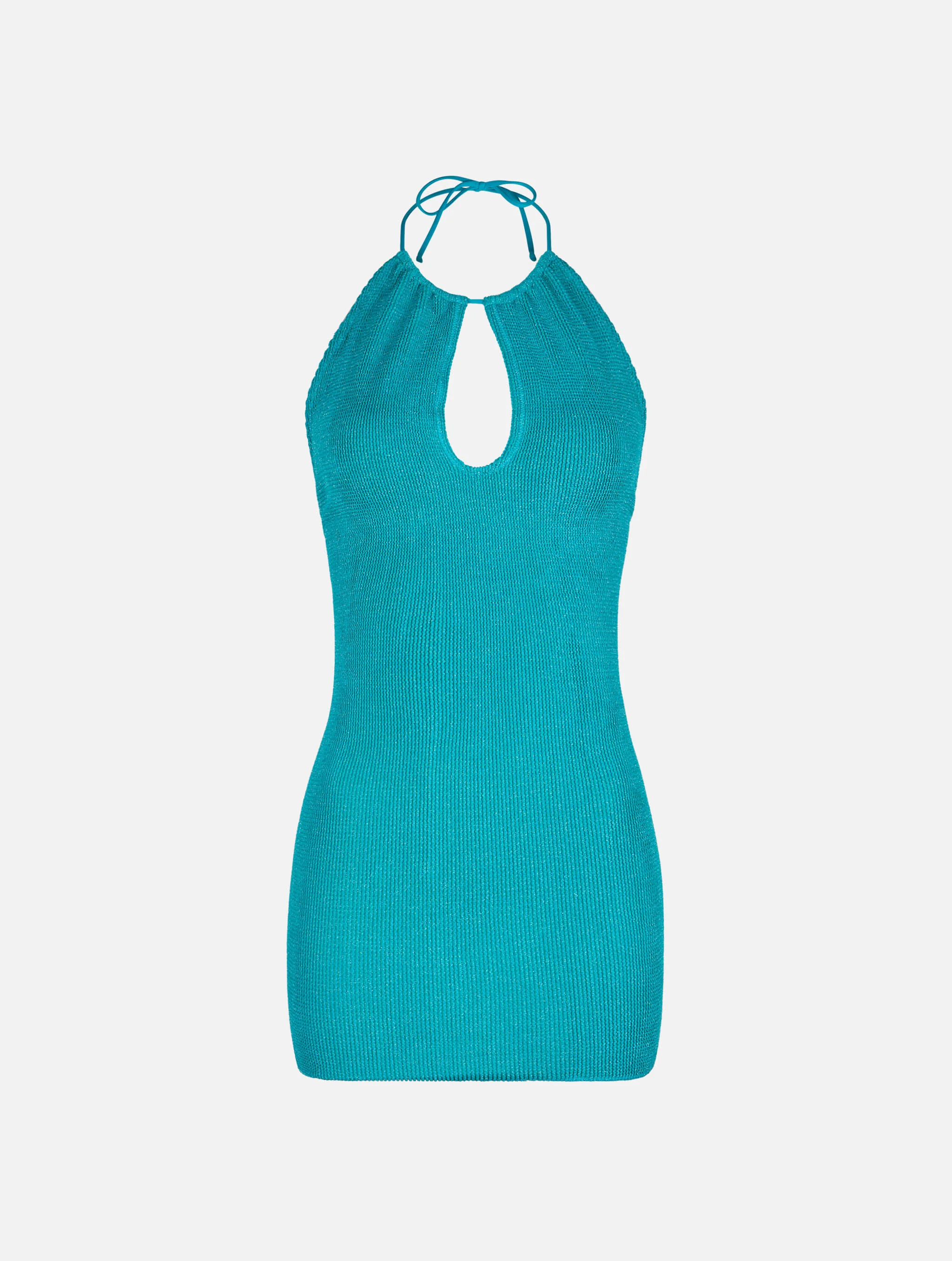 Damesjurk van turquoise gekreukelde lurex met halternek.