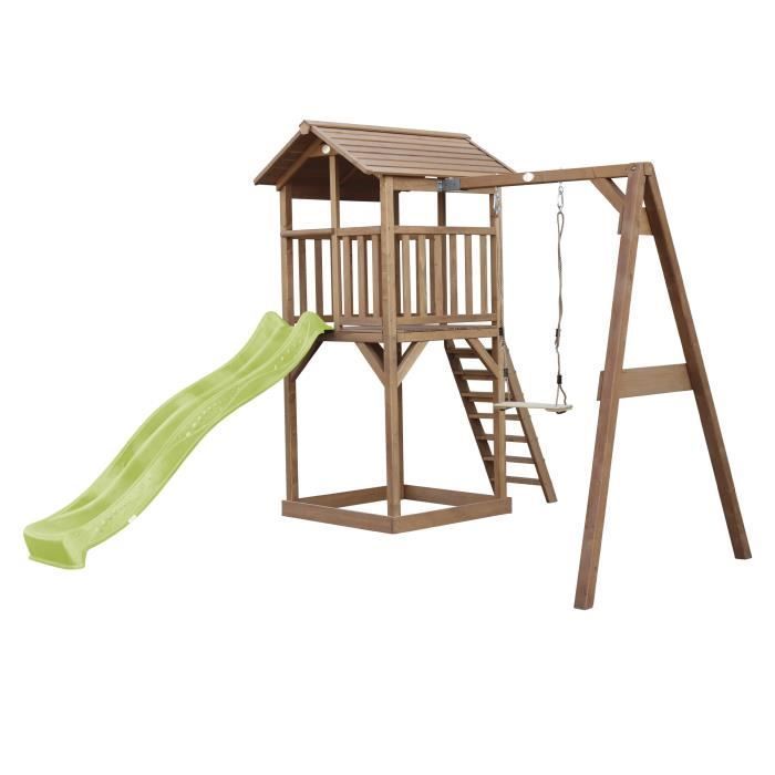 Área de juegos AXI Beach Tower con tobogán en verde claro, columpio y arenero | Casita de juegos grande para exteriores en color marrón