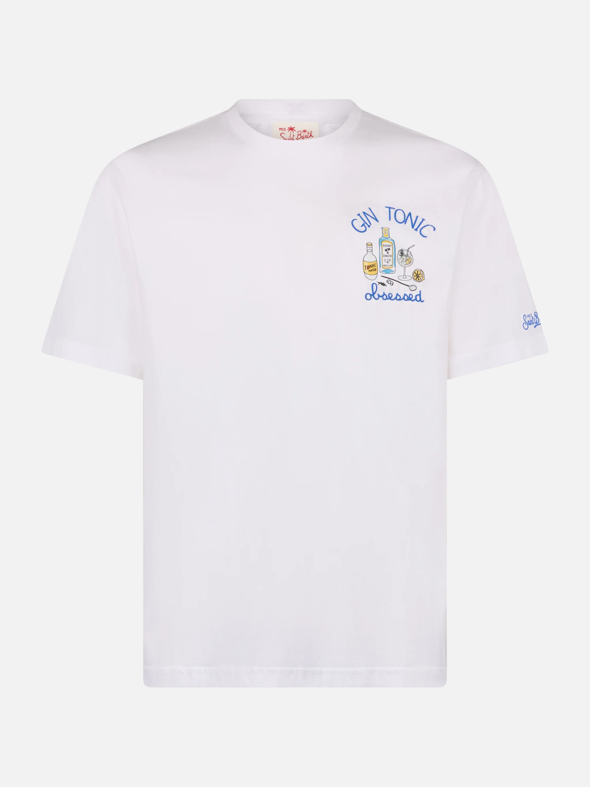 Heren katoenen T-shirt met 'Gin Tonic Obsessed'-borduurwerk op de borst, wit, logo-borduurwerk, stukgeverfd, ronde hals, korte mouwen | MC2 Saint Barth