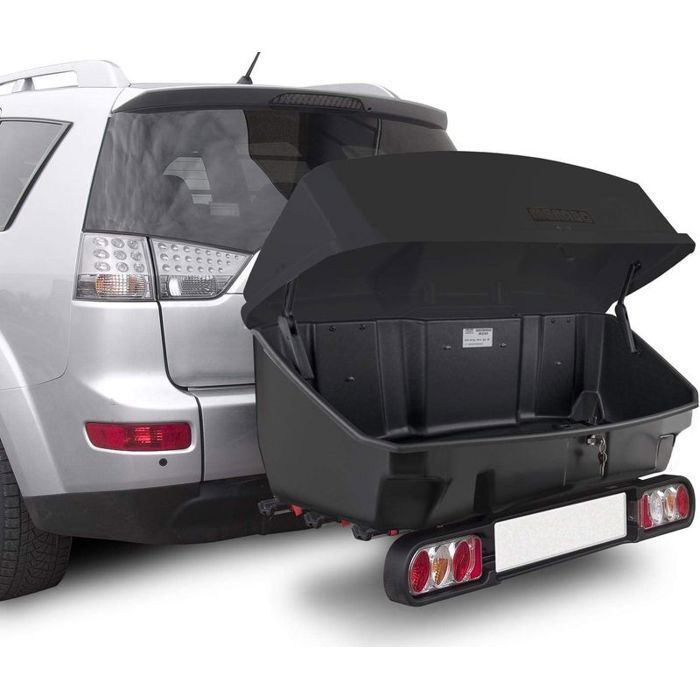 Portabicicletas para 3 bicicletas + caja de almacenamiento de 300 L montada en el enganche, negro - Menabo Nekkar negro + Project Tilting 3