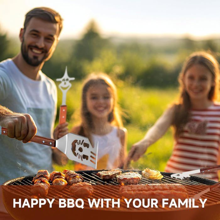 Accessoire Kit Barbecue 3 Pièces en Acier Inoxydable et Manche en Bois – Ustensiles Barbecue Professionnels avec Spatule INOX,Pince