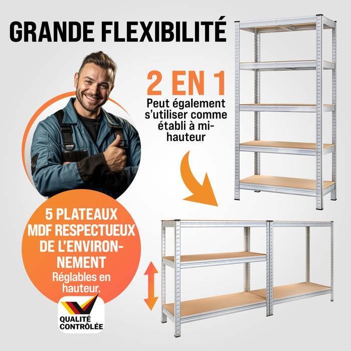 2 estanterías de alta resistencia • Juego de 2 • 180x90x40 cm • 5 estantes / 875 kg máx. • Unidad de almacenamiento • Acero y MDF