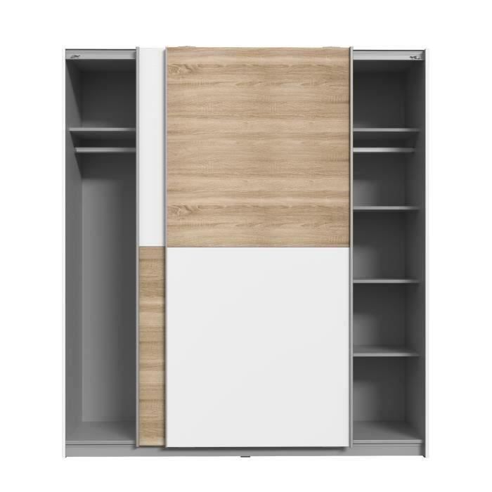 Kledingkast met 2 schuifdeuren - Spaanplaat - Eiken en witte afwerking - B 170,3 x D 61,2 x H 190,5 cm - ULOS