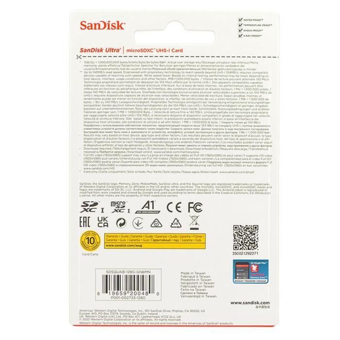 Micro SD - Sandisk - Ultra 128Go - 140MB/S - Classe 10 - U1 A1 - Adaptateur SD inclus