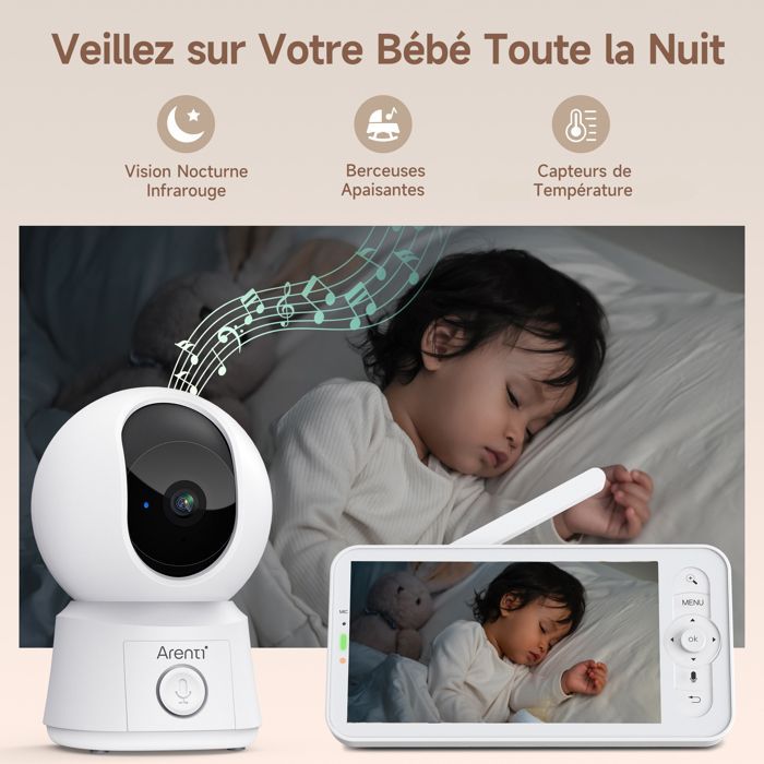 ARENTI Babyphone Camera Bébé, Baby Phone Vidéo Connecté Smartphone, Baby Moniteur Vidéo avec VOX, Détection de Température