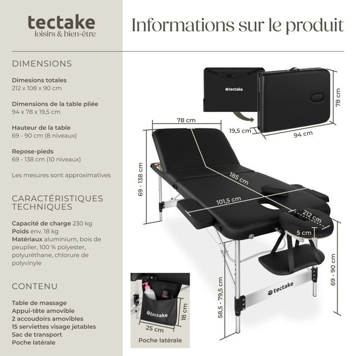 Camilla de masaje - TECTAKE - Camilla de tratamiento plegable con 3 secciones regulables en altura, 212 x 108 x 90 cm - Negra