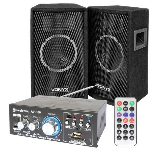 Caixas acústicas Vonyx SL6 com amplificador AV-360 e cabos.