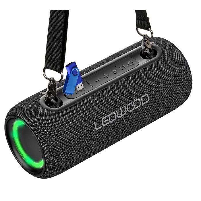 Ledwood XS200 200W kannettava Hi-Fi-kaiutin, LED-efektit, Bluetooth, FM-radio, IPX5-vedenpitävä, ääniavustaja, 20W RMS, 2000mAh akku + 32GB USB-muistitikku