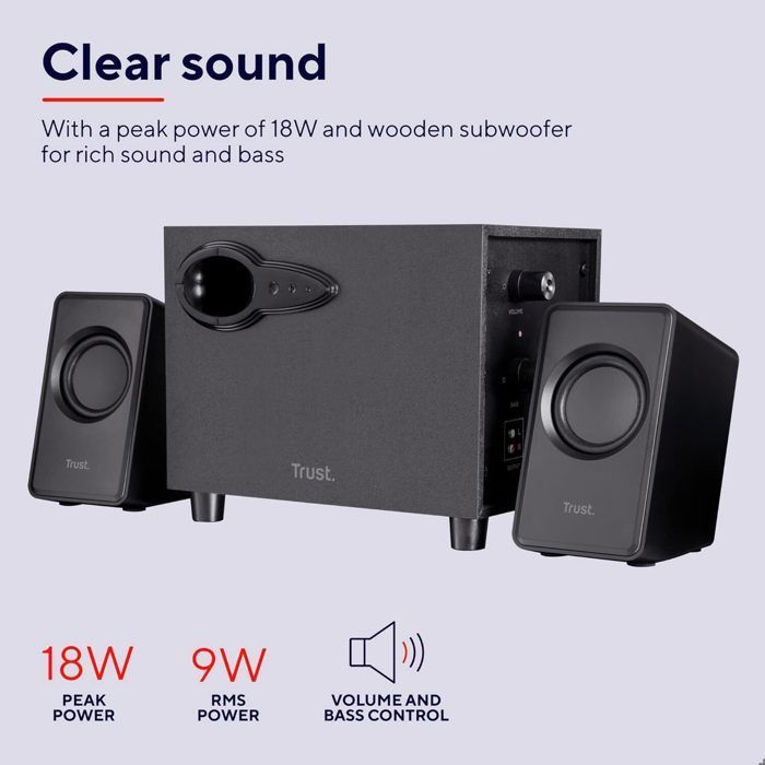 Sistema de altavoces Trust Avora 2.1 para PC, subwoofer de madera, 18 W (9 W RMS), USB, conector de 3,5 mm, sistema de altavoces compacto.