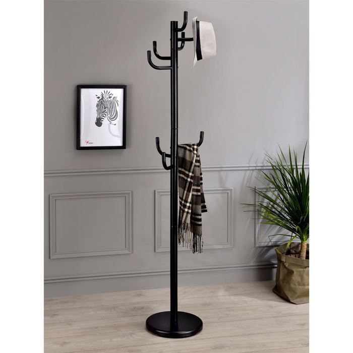 Perchero MILA, independiente, de 174 cm de altura, con base redonda y 8 ganchos, mueble de entrada de metal lacado en negro.