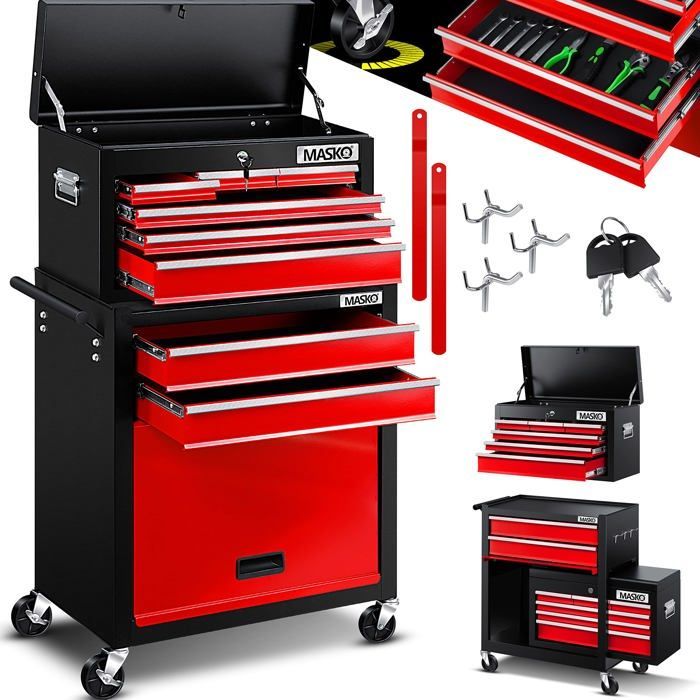 MASKO® Chariot servante d’Atelier | Chariot à Outils 9 Tiroirs verrouillables avec serrure Rouge