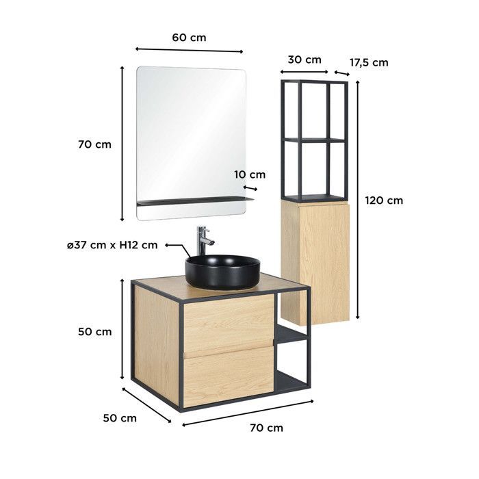 Conjunto de lavatório individual EDISSON de 70 cm + lavatório + espelho + coluna