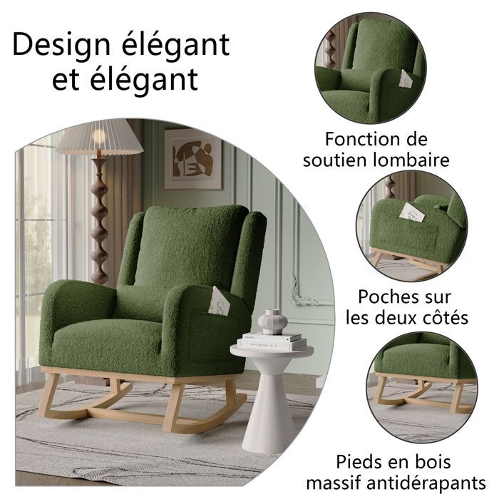 Fauteuil à Bascule, Chaise Allaitement, Fauteuil à Accoudoirs, Chaise a Bascule Allaitement, Teddy Velours, Vert