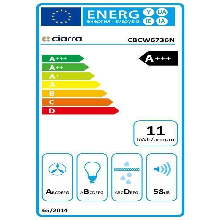 Campana extractora angular CIARRA de 60 cm, A+++, 650 m³/h, WiFi, 4 velocidades, control táctil, 58 dB – Recirculación o extracción + parada retardada - Blanca