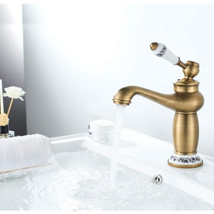 Rubinetto da bagno vintage, monocomando, in ceramica con decorazioni floreali, ottone anticato, per bidet o lavabo.