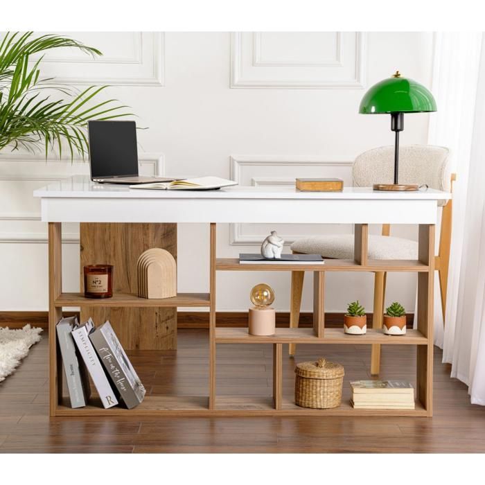CALICOSY - Bureau d'angle avec rangements décor blanc et pin atlantique L130 cm - VESPER - Blanc