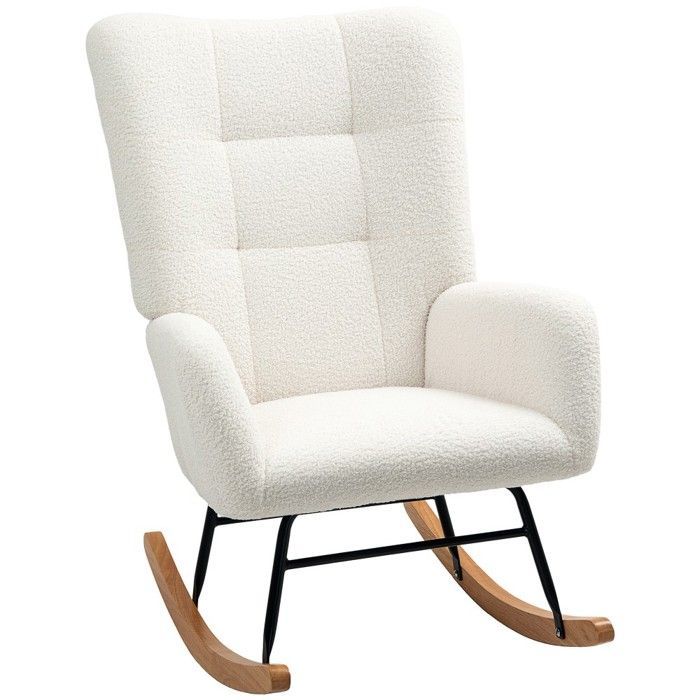 Fauteuil à bascule velours teddy avec accoudoirs - relax pivotant bois - fauteuil d'allaitement crème pour salon/chambre