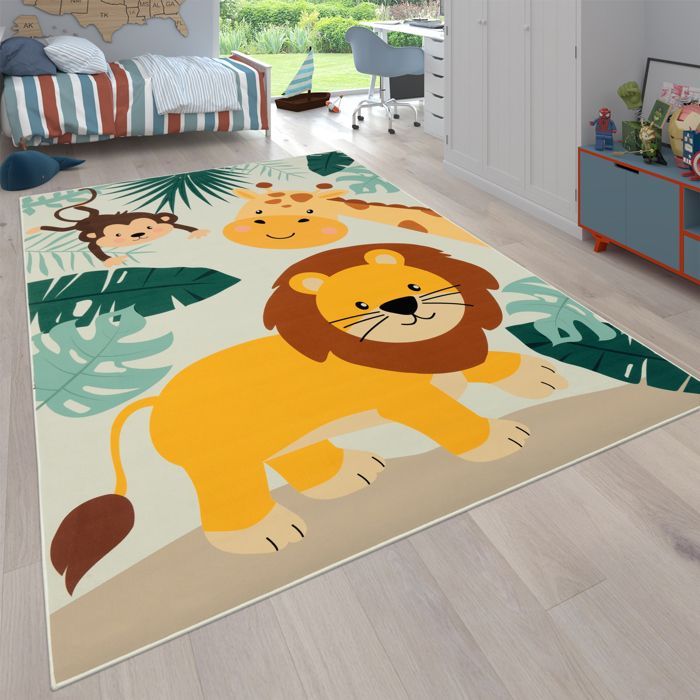 Paco Home Tapis Chambre Enfant Bebe Fille Garcon Zoo Rue Antidérapant Beige Bleu Vert Beige 80x150 cm
