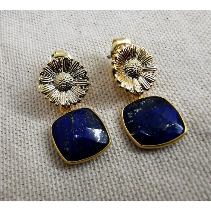 Boucles oreille MISTINGUETTE clou fleur de tournesol doré et pierre carré en lapis laz
