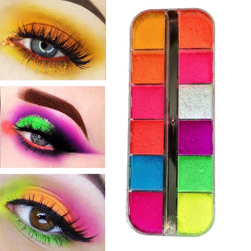 Palette de maquillage pour les yeux 12 couleurs, pigments néon fluorescents, paillettes et brillance, pour le visage, le corps et les ongles. Outils cosmétiques.