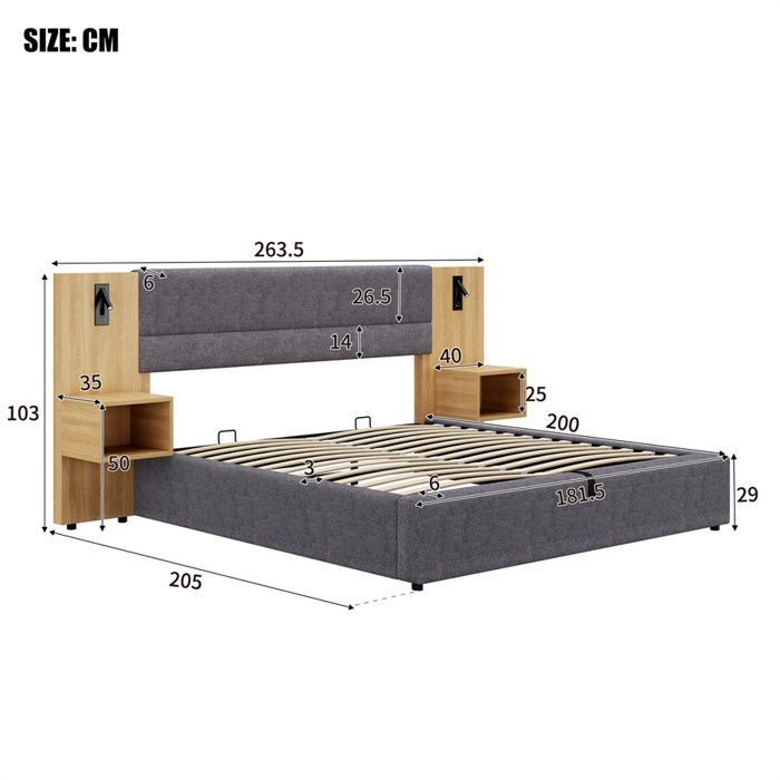 Cama de 180x200 con somier de láminas y mesita de noche, cama doble con espacio de almacenamiento, cabecero ancho y puerto USB, lámpara de lectura, terciopelo gris y madera.