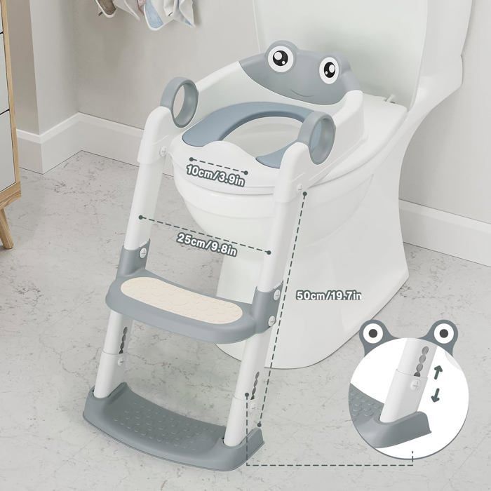 Reductor de asiento de inodoro infantil con escalón y cojín - Asiento de inodoro plegable, altura ajustable para niños y niñas - A partir de 1 año, gris