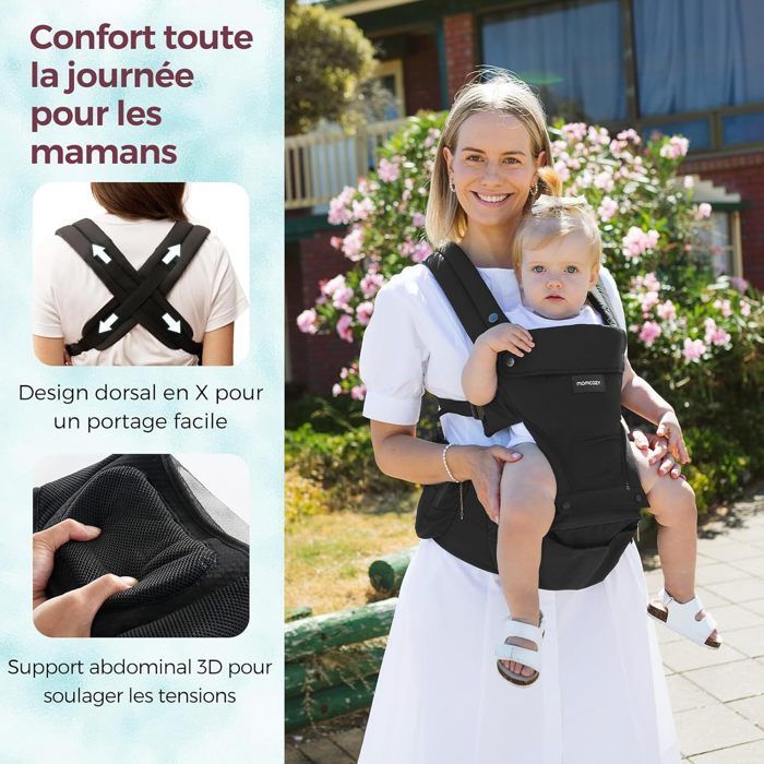 Momcozy 2-in-1 -kantoreppu säädettävällä lantiotyynyllä, jopa 20 kg, hengittävä ja lannetuki, vastasyntyneille ja taaperoille