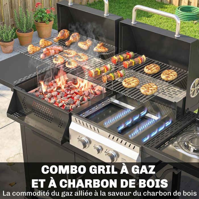 Barbecue hybride gaz et charbon de bois - Outsunny - barbecue mixte 2 en 1 avec 3 brûleurs et feu latéral thermomètre - acier - noir